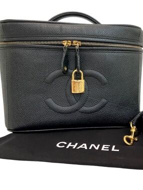 Chanel Black Caviar Leather Vanity Bag Gold Hardware + Shoulder Strap Clochette